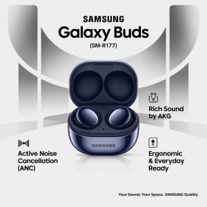 Create a promotional image for Samsung Galaxy Buds with brand text and icons.