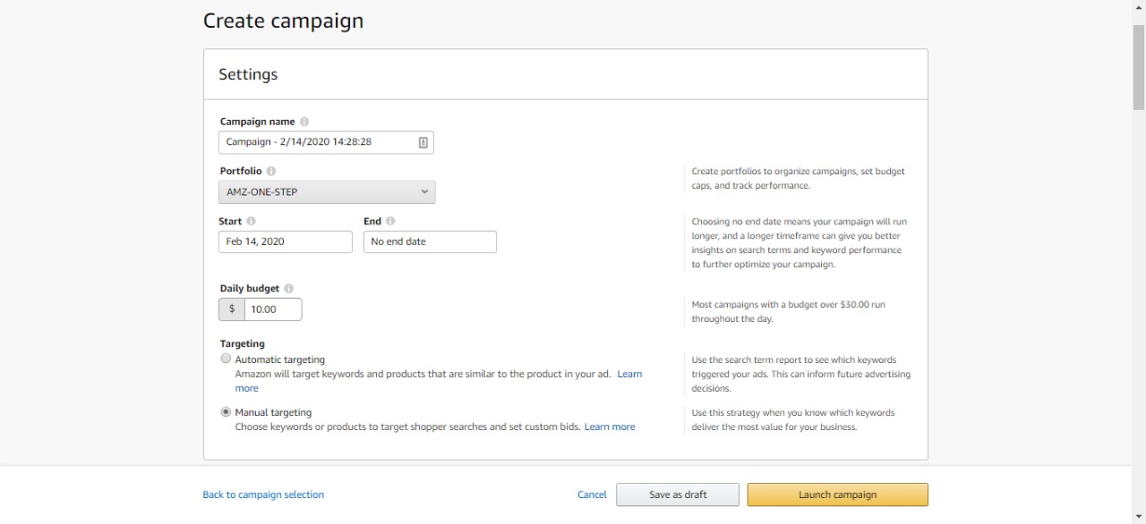 Amazon PPC Campaign details